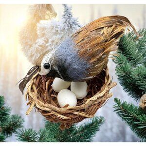 Vintage Quail In Nest With Eggs Christmas Tree Ornament Rustic Nature